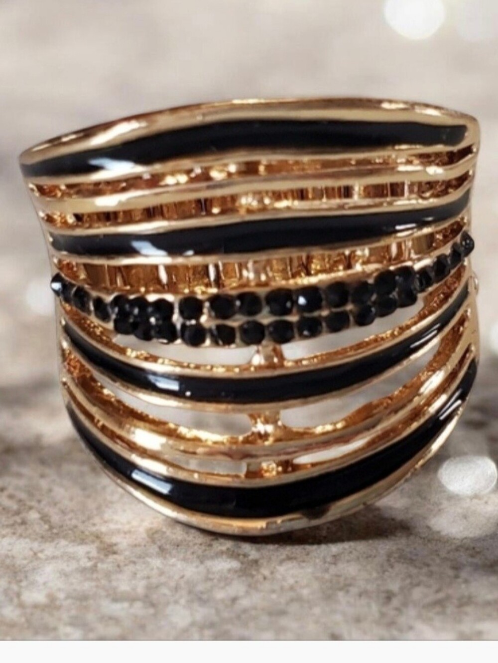 Gold Tone & Black Jewels Stretch Band Ring Stack Look  💥3 for $24💥